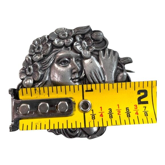 Elios 1990 Sterling over Pewter Art Deco Floral Woman Brooch Pin 2" Vtg Nouveau - Picture 5 of 6